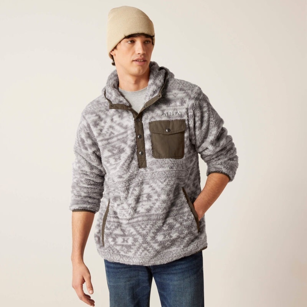 NWOT Ariat Men’s Polar Bear Fleece Hoodie in Jetty Grey Geo Size M